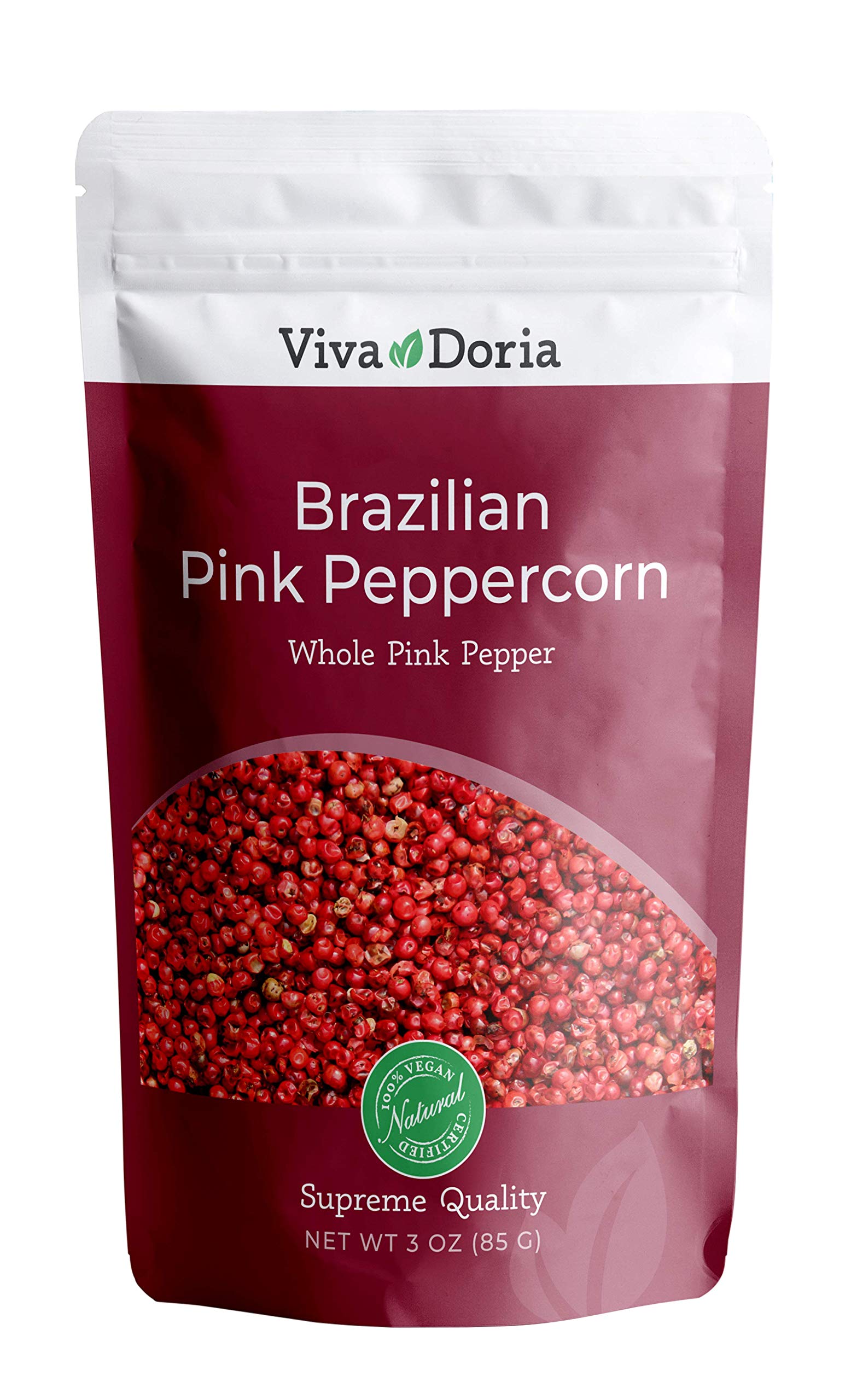 Viva Doria Brazilian Pink Peppercorns, Steam Sterilized Whole Pink Pepper, 3 Oz