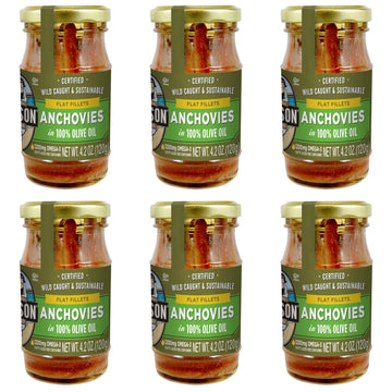 Season Anchovies In Olive Oil - Flat Anchovy Fillets, Wild Caught Fish, Keto Snacks, Canned Anchovies, Rich In B Vitamins, Low In Mercury, Kosher, Non-Gmo, 600Mg Of Omega-3-4.2 Oz Glass Jar, 6-Pack
