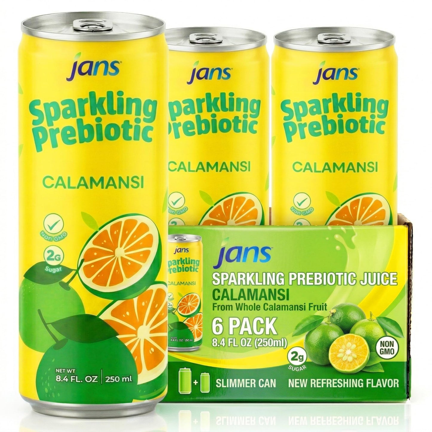 Jans Sparkling Prebiotic Soda Beverage - Calamansi 8.4 Fl Oz (6-Pack) - Low Calorie, NO Added Sugar, Non-GMO Sparkling Fruit Bev