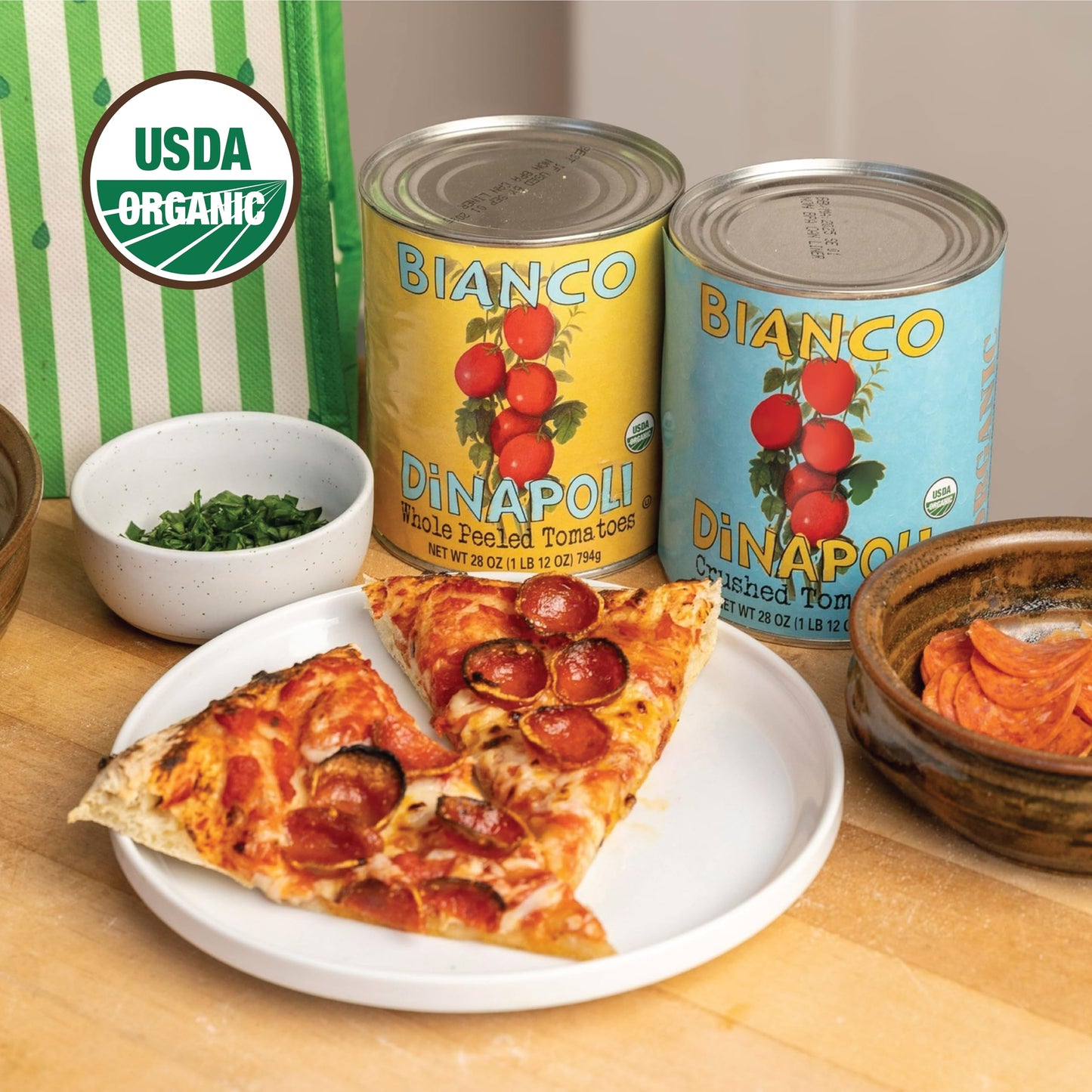 Bianco DiNapoli Organic Whole Peeled Tomatoes - Vine Ripened California Grown Tomatoes with Basil - Ideal for Flavorful Sauces,