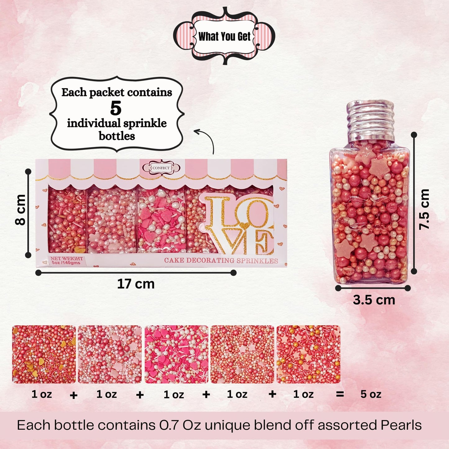 Confect Pink, White & Gold Heart & Flower Sprinkles Mix - Edible Sprinkles For Baking, Cake & Cupcake Decorations - Valentines D