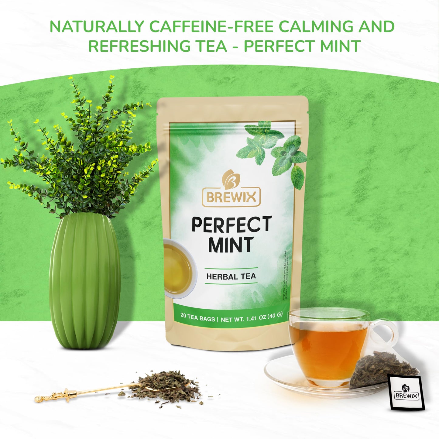 BREWIX Perfect Mint Tea - Caffeine Free Herbal Tea, 20 Pyramid Bags, Soothing Mint Blend for Digestion Support