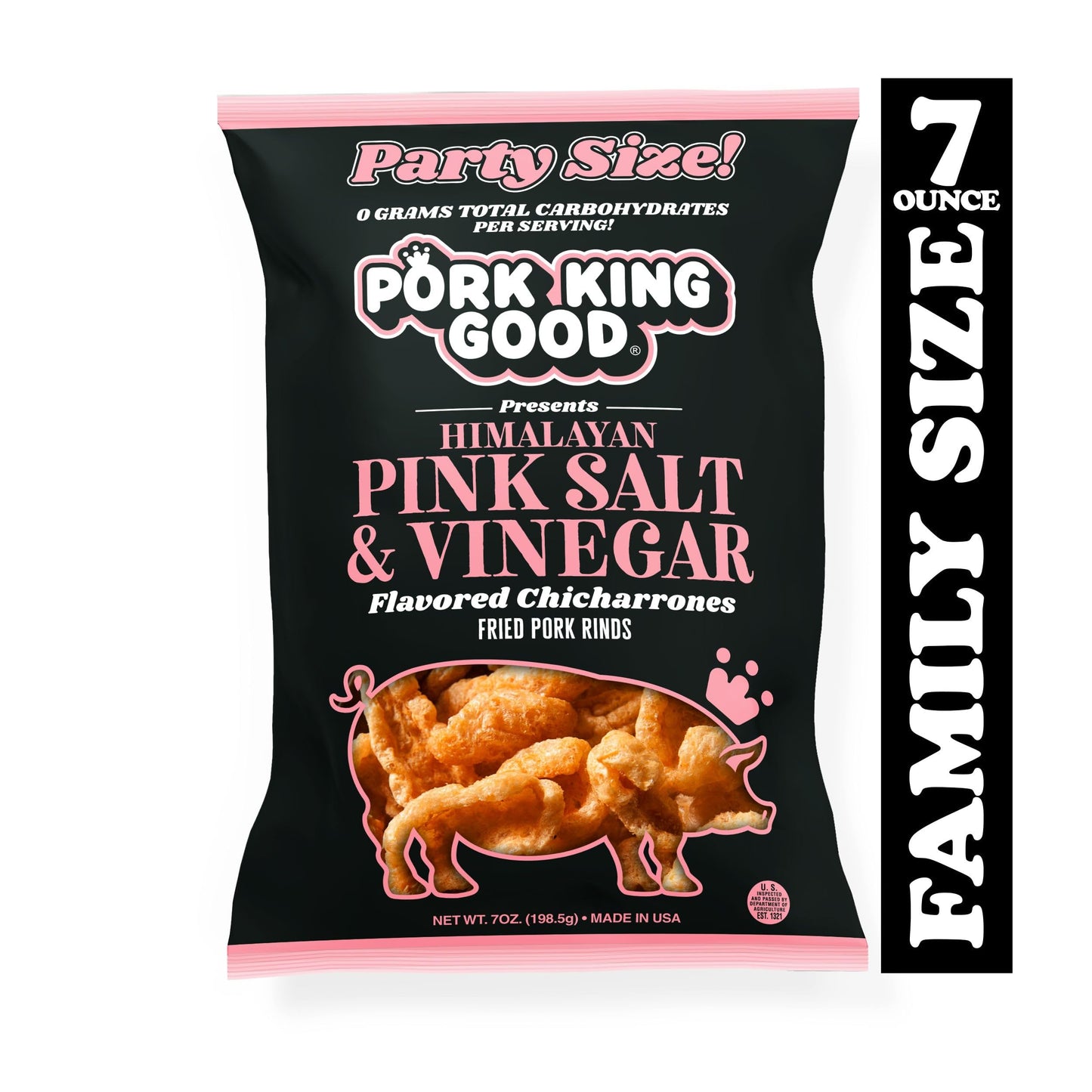 Pork King Good Himalayan Pink Salt & Vinegar Pork Rinds 7 Oz Family Size (Chicharrones - Keto Snacks)