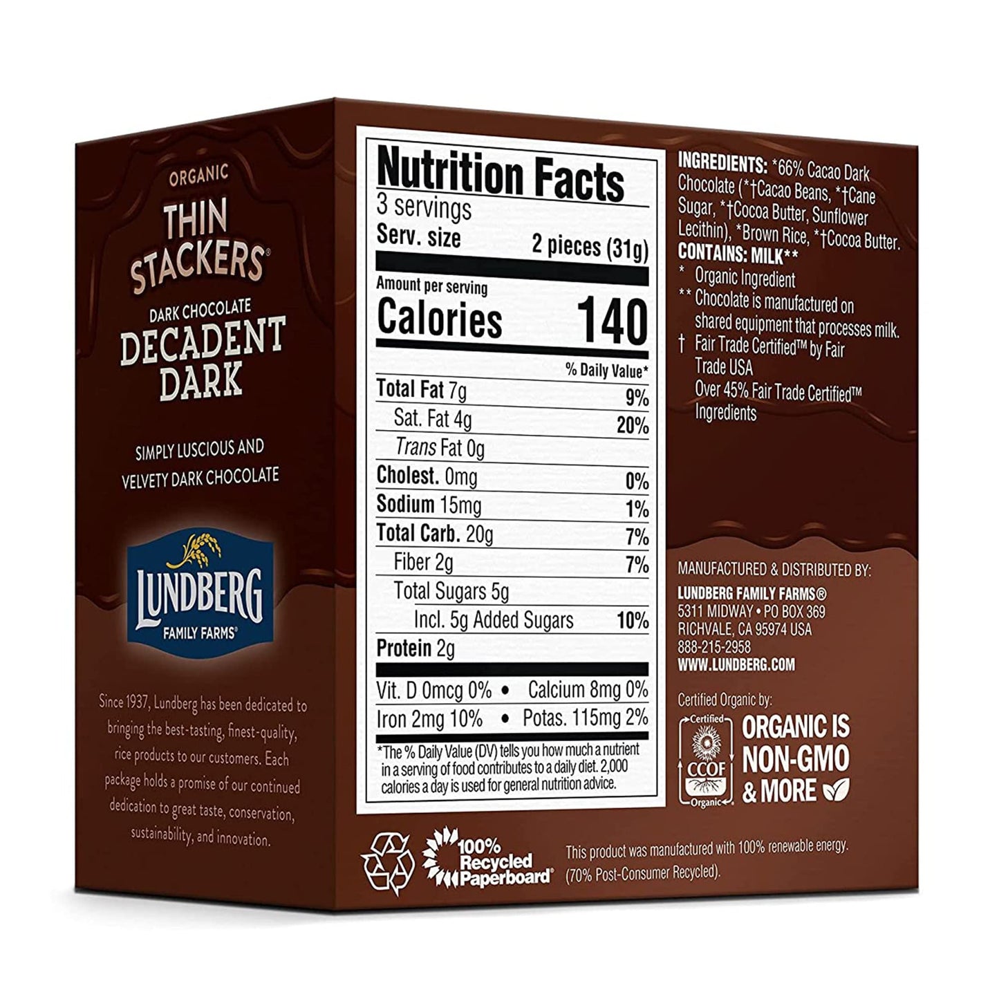 Lundberg Organic Thin Stackers Rice Cake, Decadent Dark Chocolate, Fair Trade, Kosher, USDA Certified Organic, Gluten Free & Non