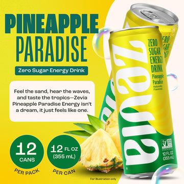 Zevia Zero Calorie Energy Drink, Pineapple Paradise, 12 Fl Oz, Pack of 12, Clear