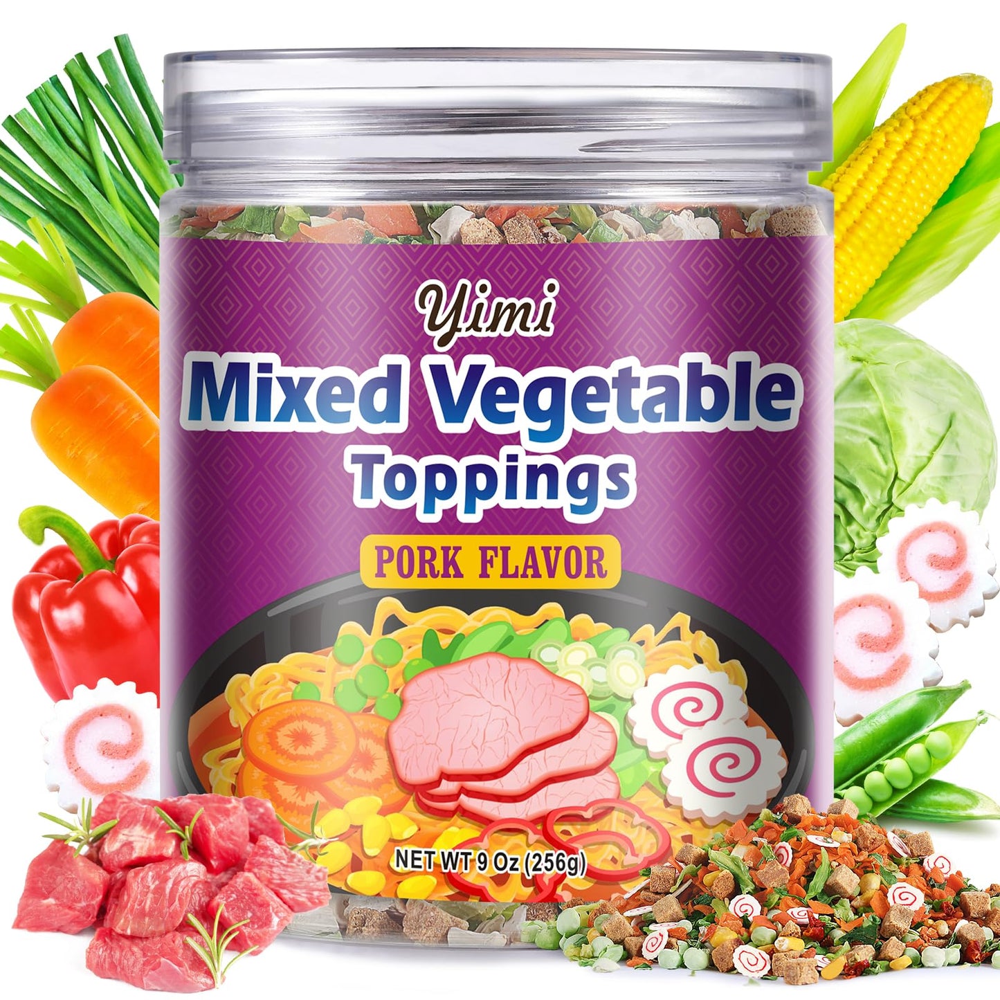 Yimi Dried Ramen Toppings, Dried Mixed Vegetables Toppings - Dehydrated Vegetables | Freeze Dried Fish Cake | Cabbage | Spring Onion, Ramen Toppers To Instant Noodles, Chashu Flavor, Ideal For Gift