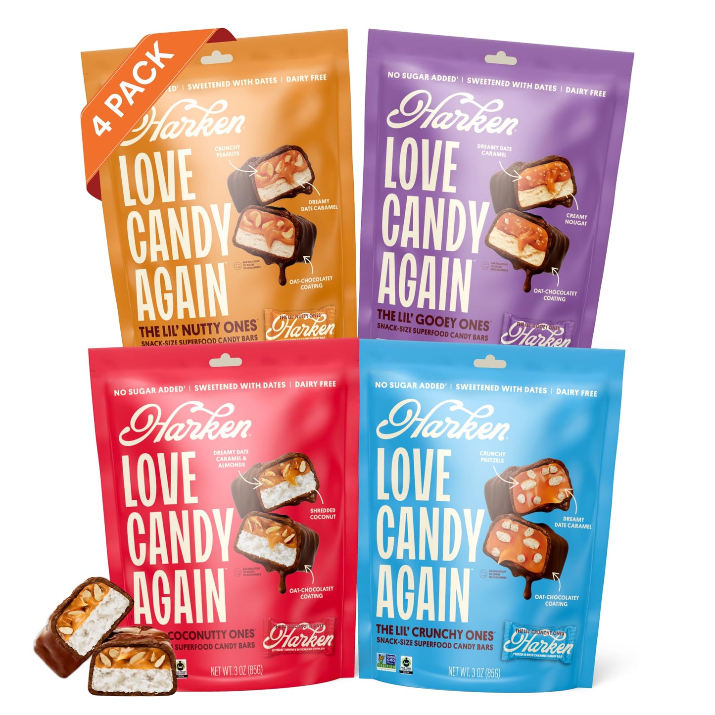Harken Sweets Lil Ones Variety Pack, Mini Oat Milk Chocolate Candy Bars, Sweetened with Dates, No Sugar Added, High Fiber Snack,