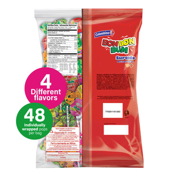 Colombina Bon Bon Bum Lollipops, Assorted Flavor, 48 Count (Pack of 2)
