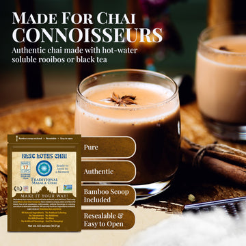 Blue Lotus Chai - Traditional Masala Chai - Makes 17 Cups - 0.5 Oz Pouch Masala Spiced Chai Powder With Organic Spices - Instant