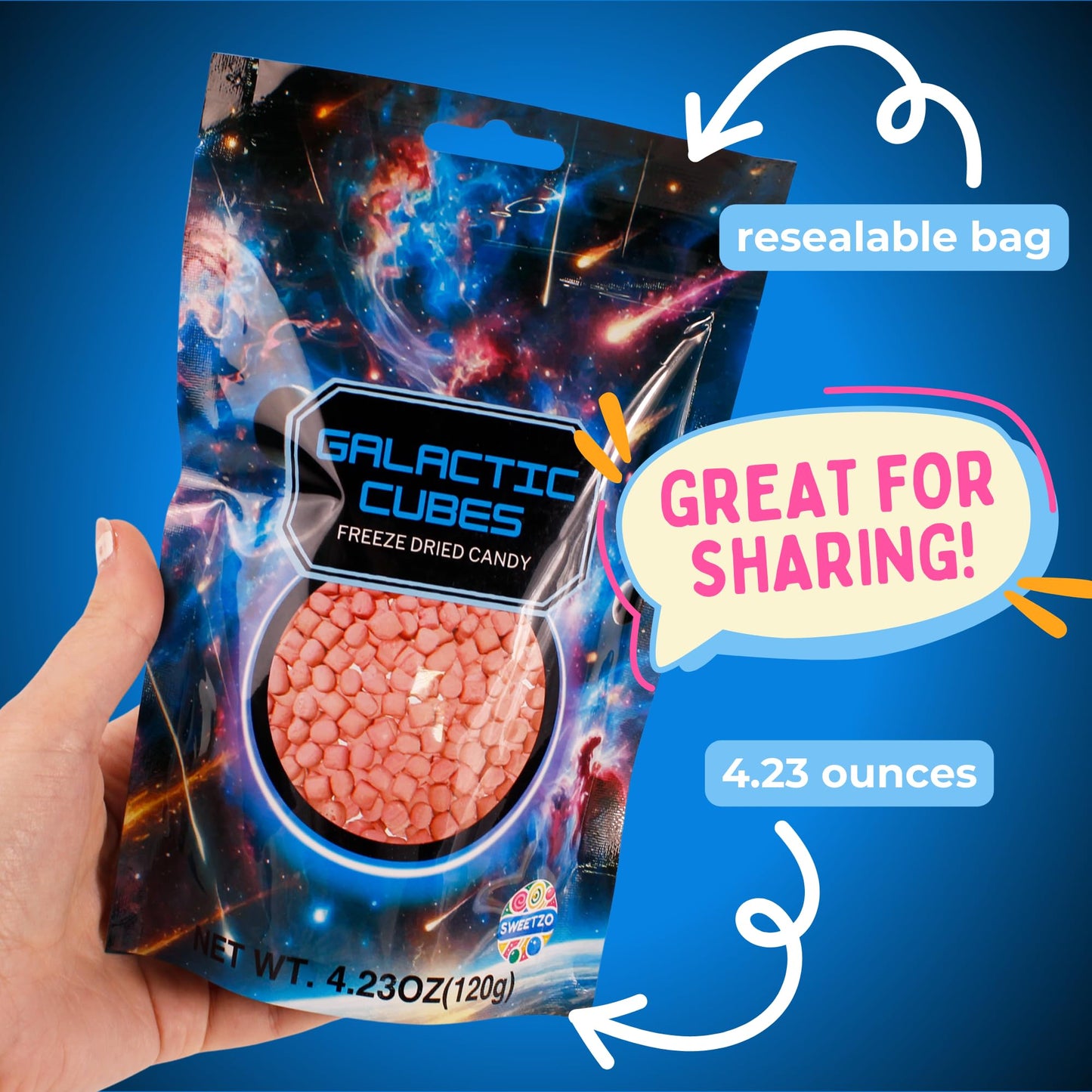 Sweetzo Galactic Cubes Freeze Dried Snacks, Fruit Burst Candy, All Red Flavor, 4.23 oz Resealable Bag