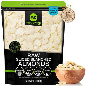 Nut Cravings - Blanched Sliced Almonds - Raw, (16Oz - 1 Lb) Packed Fresh In Resealable Bag - Nut Snack - Healthy Protein Food, A