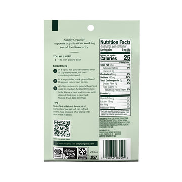 Simply Organic Spicy Taco Seasoning Mix, 1.13 Ounce Packet, Earthy Spice, Kosher, No Artificial Ingredients (Pack Of 12)