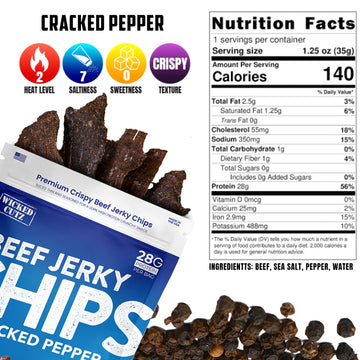 Wicked Cutz ed Pepper Beef Jerky Chips 28g Protein per Bag Crispy & Crunchy Beef Jerky Crisps USA Made Pepper Flavored Chips High Protein Carnivore Snacks (4 Bags)