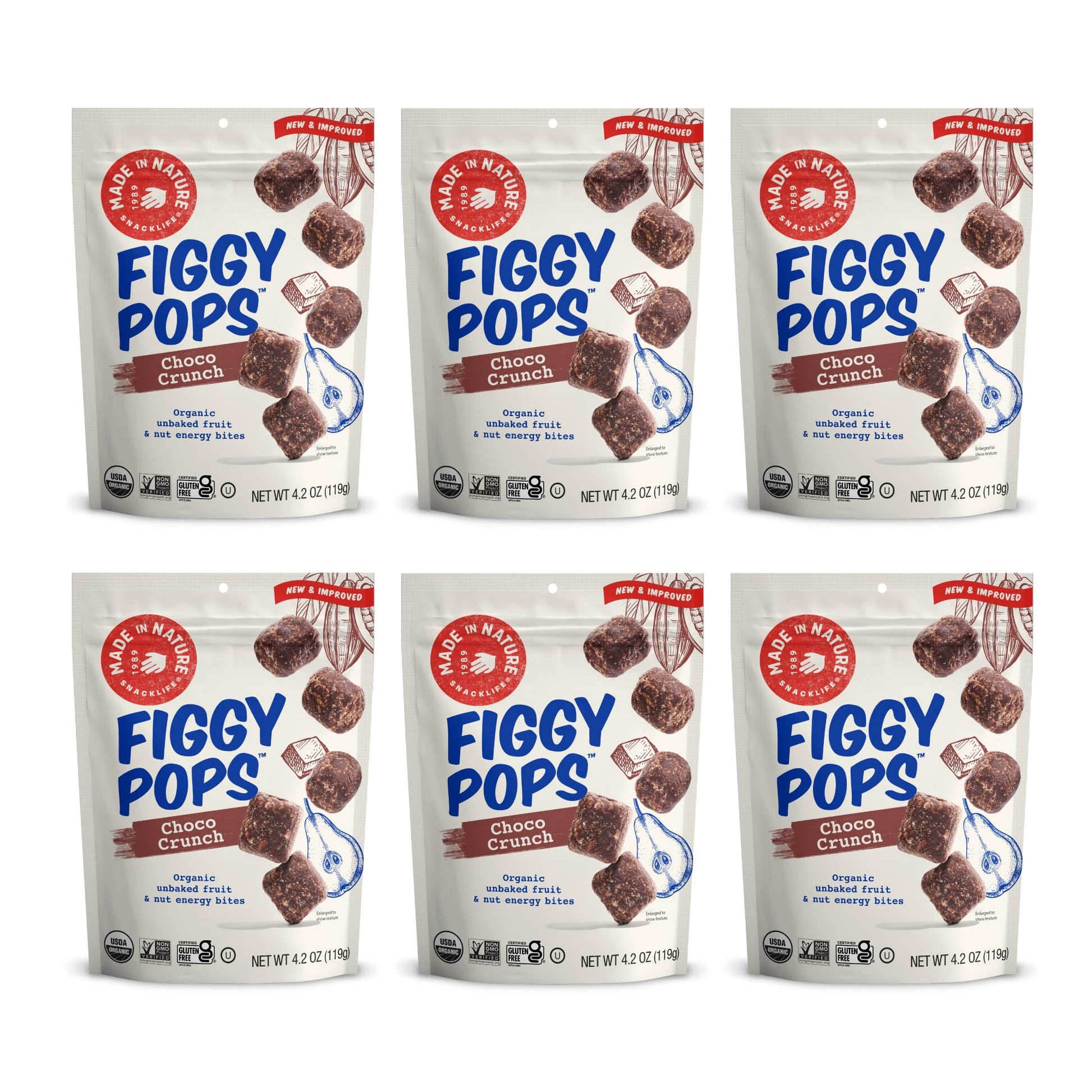 Made In Nature Organic Figgy Pops, Choco Crunch, 4.2 Ounce (Pack of 6) - Unbaked Fruit & Nut Energy Bites, Non-GMO, Gluten Free,