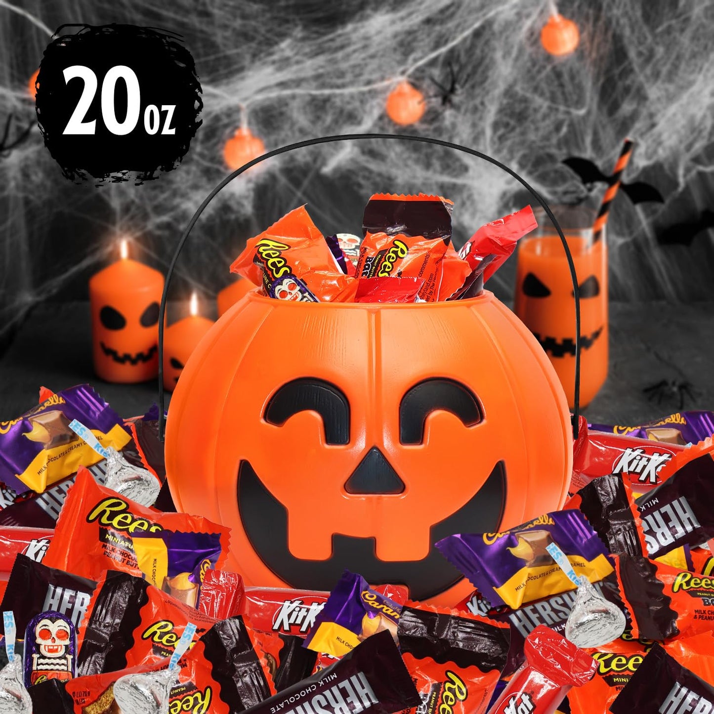 Halloween Candy Gift Basket - Trick Or Treat Pre-Filled Pumpkin Bucket Assorted Individually Wrapped Chocolate Candies Variety For Kids And Mature-Themeds - 20Oz Care Package Gift For College Students & Parties - Taboom