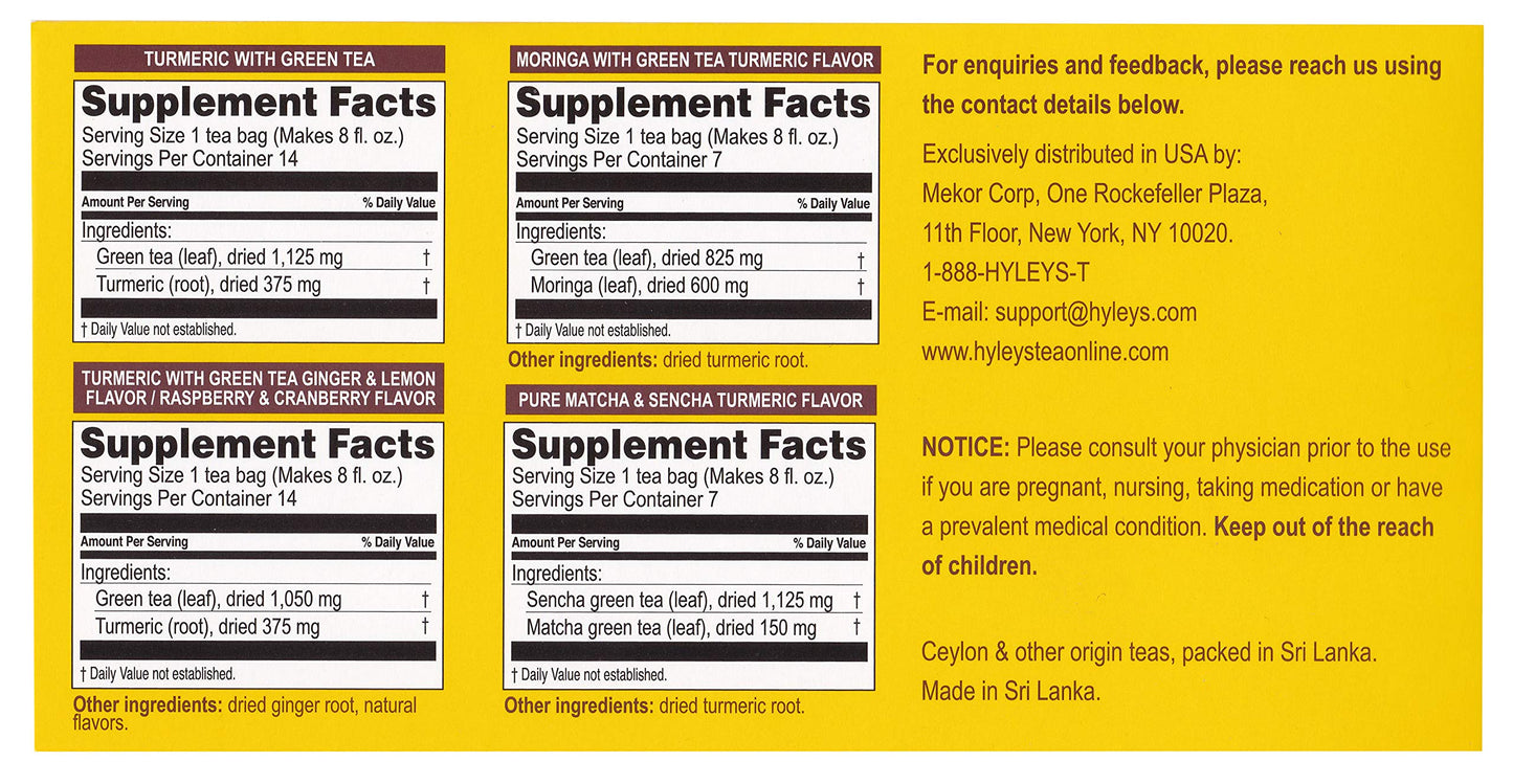 HYLEYS Turmeric with Green Tea, Assorted Flavors, 42 Tea Bags, 42 Count, Pack of 1