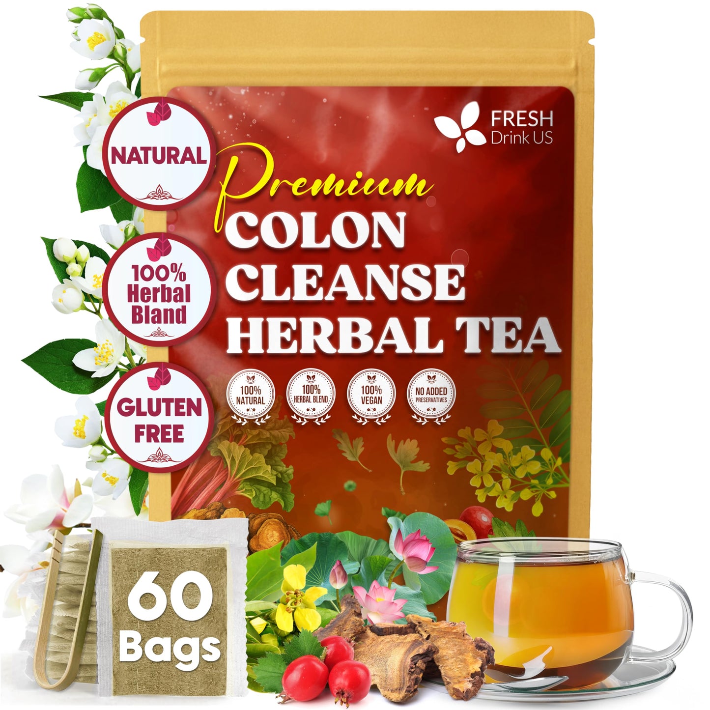 Freshdrinkus Top-Grade Colon Cleanse Tea - 60 Tea Bags - Rhubarb Root & Hawthorn Berry With Senna Lotus Leaf Valerian Root & Psyllium Husk - Herbal Blend Energy Blend-Free. Vegan