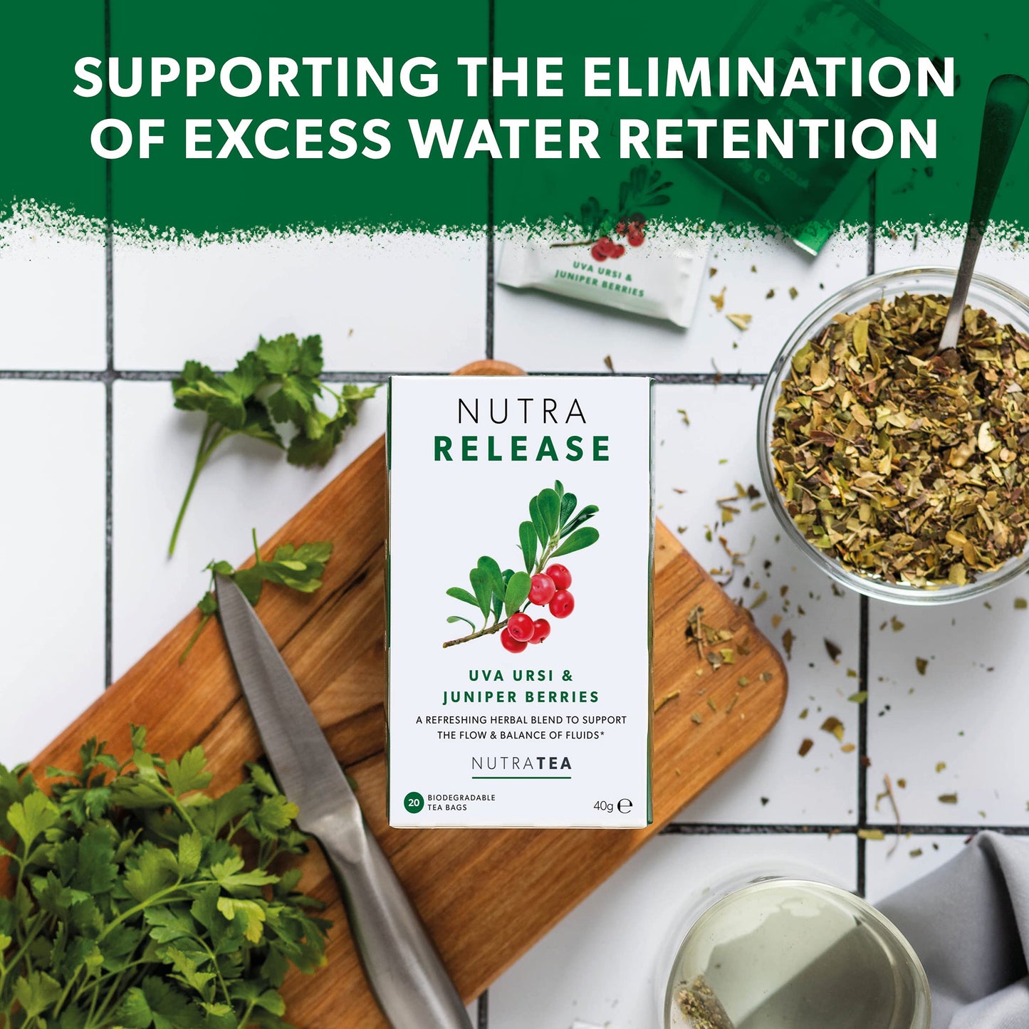 NUTRARELEASE - Water Retention Tea | Bloated Stomach Tea - Natural Diuretic For Water Balance - Includes Dandelion Root & Bearbe
