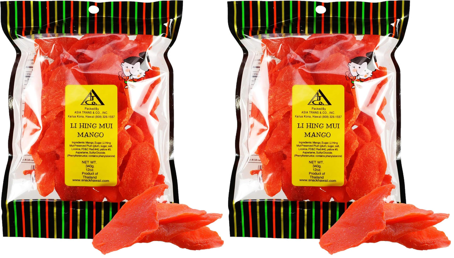 Asia Trans Li Hing Mui Dried Mango | Hawaiian Favorite | Naturally Sweet Dried Fruit Candy with Asian Plum Powder (Pack of 2)