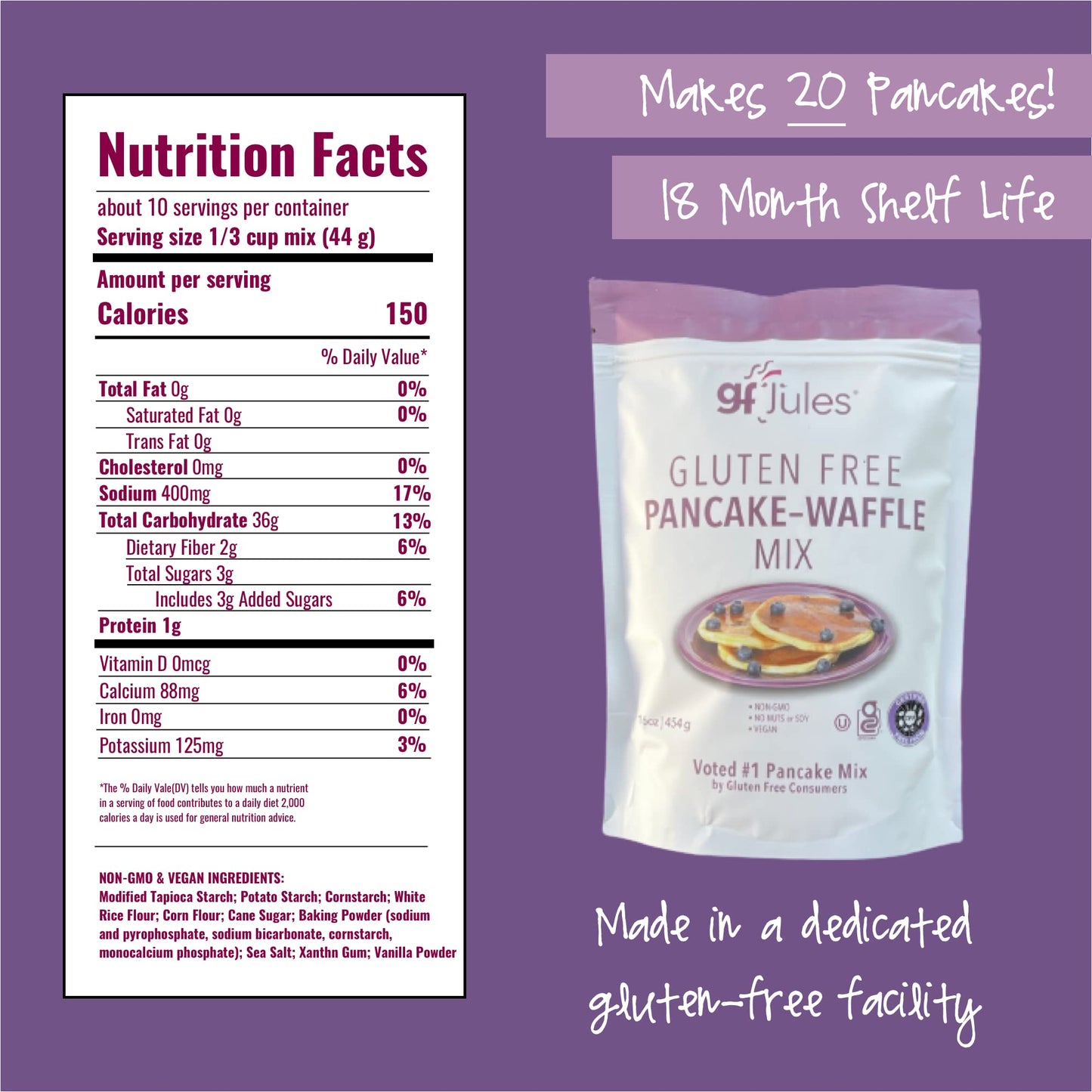 Gfjules Certified Gluten Free Pancake & Waffle Mix | No Grit, Non-Gmo, Vegan, Vegetarian, Kosher & Top 9 Allergen Free | Voted #1 By Gluten Free & Celiac Consumers | 16 Ounces