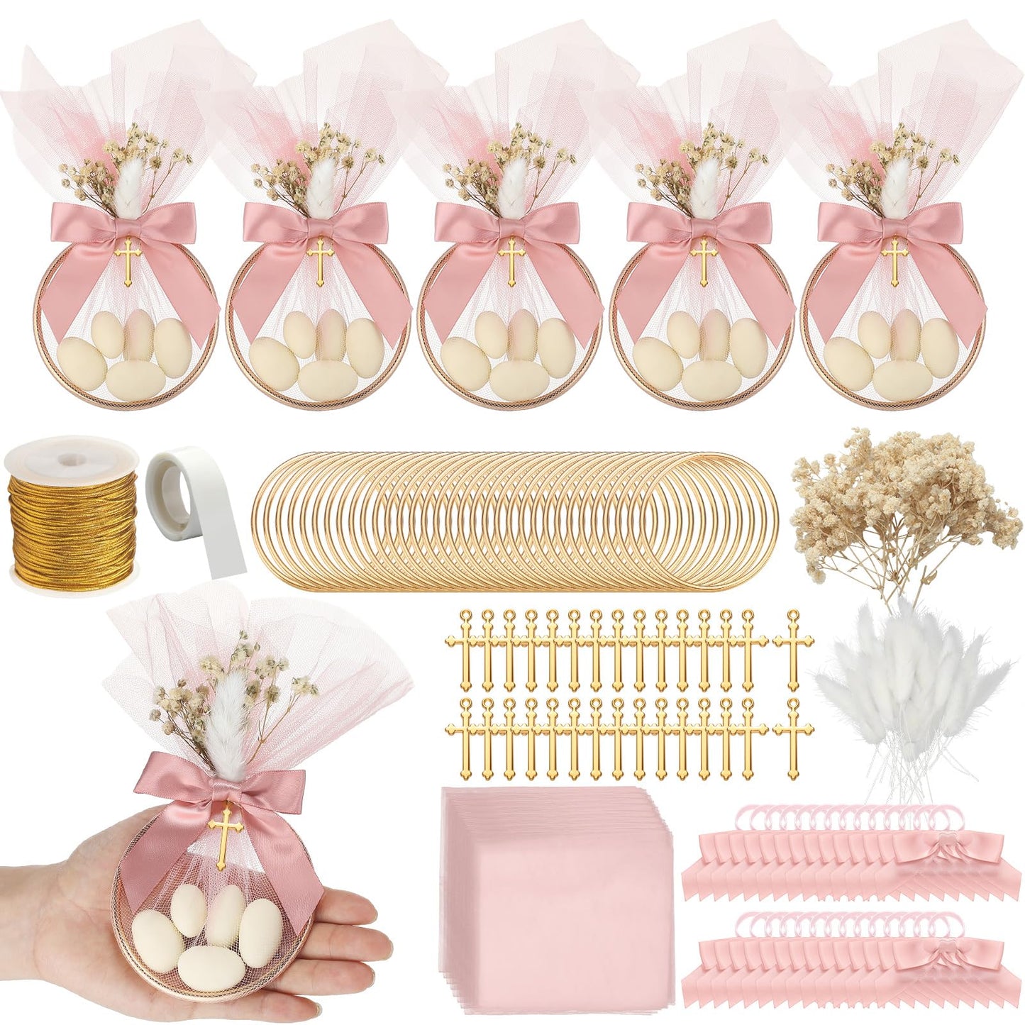 Geelin 24 Set Baptism Almond Candy Favors Christening Tulle Bags Rings Ribbion DIY Party Candy Bags First Communion Favors for G