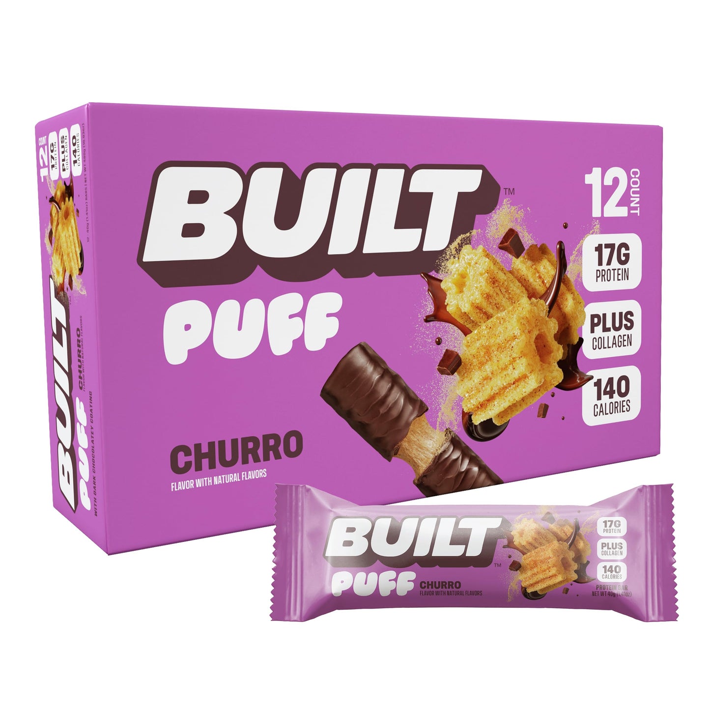 Built Bar, Puff Protein Bars, Churro Puff, 17G Protein Snacks, On-The-Go Bars, Only 140 Calories & 6G Sugar, Collagen, Gluten Fr