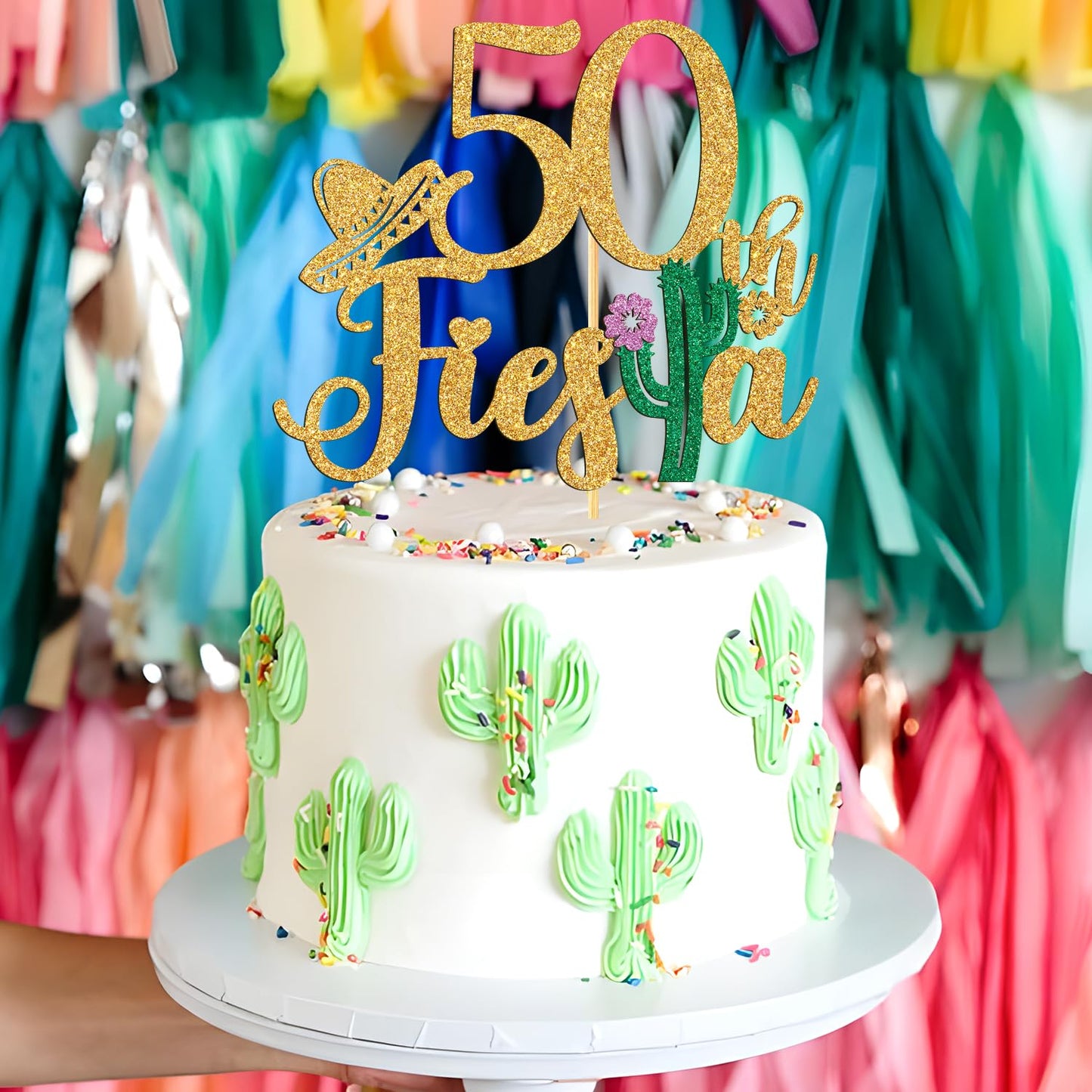 Tivurcia 50Th Fiesta Cake Topper, Cheers To 50 Years/Taco Bout 50 Cake Decor,Tropical Hawaiian Mexican Summer Themed Happy 50Th