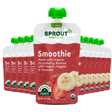 Sprout Organic Baby Food, Stage 4 Toddler Smoothie Pouches, Strawberry Banana & Yogurt, 4 Oz Purees (Pack Of 12)