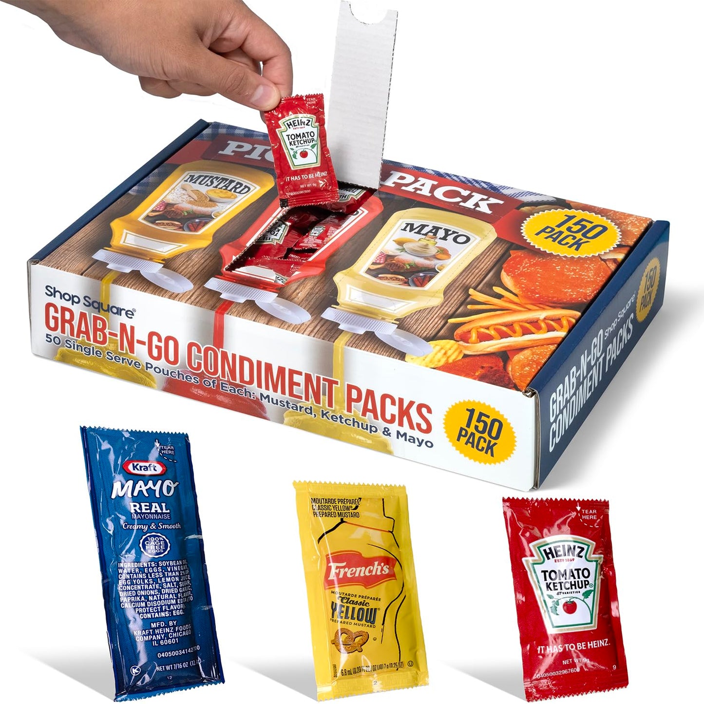 Shop Square Grab-n-Go Condiment Packs - Ketchup, Mustard, Mayo - 150 Count Dispenser Box for Picnics, BBQ, Travel, and Parties