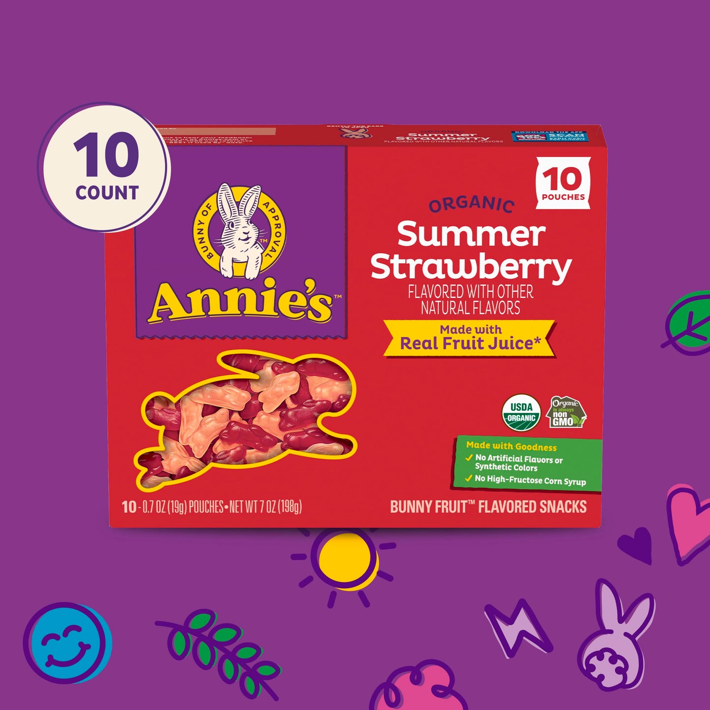 Annie'S Organic Bunny Fruit Flavored Snacks, Summer Strawberry, Gluten Free, 10 Pouches, 7 Oz.