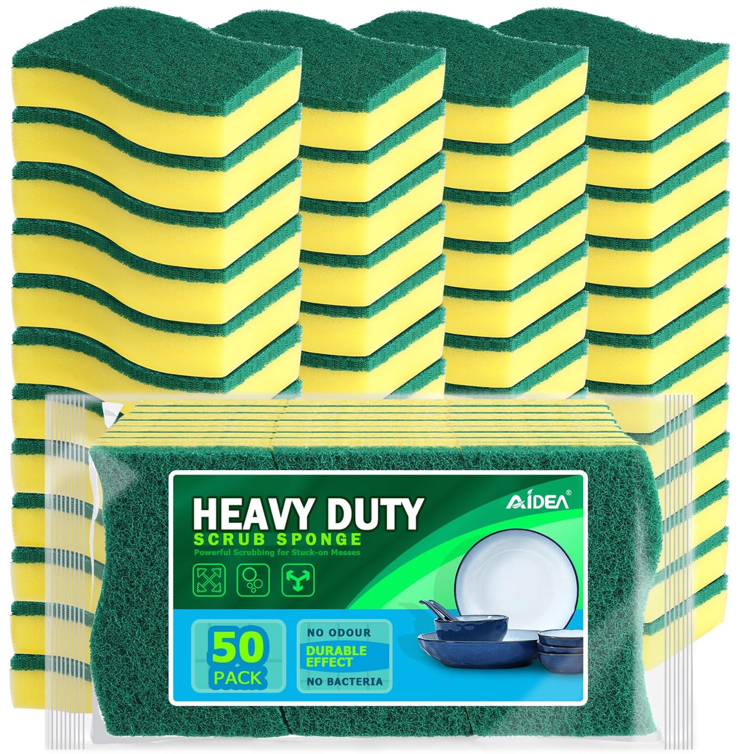 Aidea Heavy Duty Scrub Sponge-50 Count, Cleaning Sponge, Kitchen Dish Sponge, Effortless Cleaning Eco Scrub Pads For Dishes,Pots