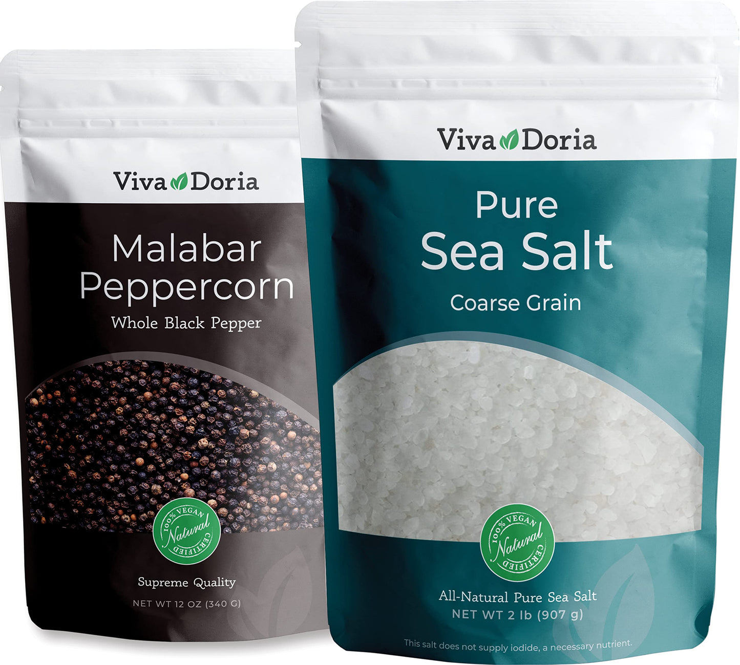 Viva Doria Malabar Black Peppercorns, Whole Black Pepper, Black Peppercorn, 12 Oz And Pure Sea Salt, Coarse Grain, 2 Lb, For Grinder Refills, 2 Piece Set