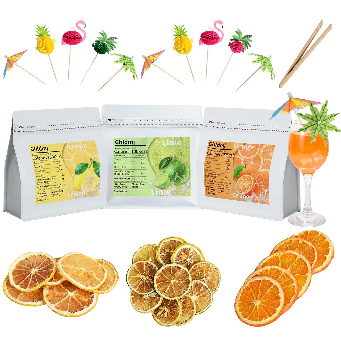3-Pack Dehydrated Orange Lemon & Lime 9Oz Total Top-Grade Craft Mixed Flavor Garnish With10 Pcs Drink Umbrellas Picks And 1 Fruit Clips For Tea Beverages And More Craft Mixed Flavor Home Mixologist Bartender Garnishes Dried Fruit
