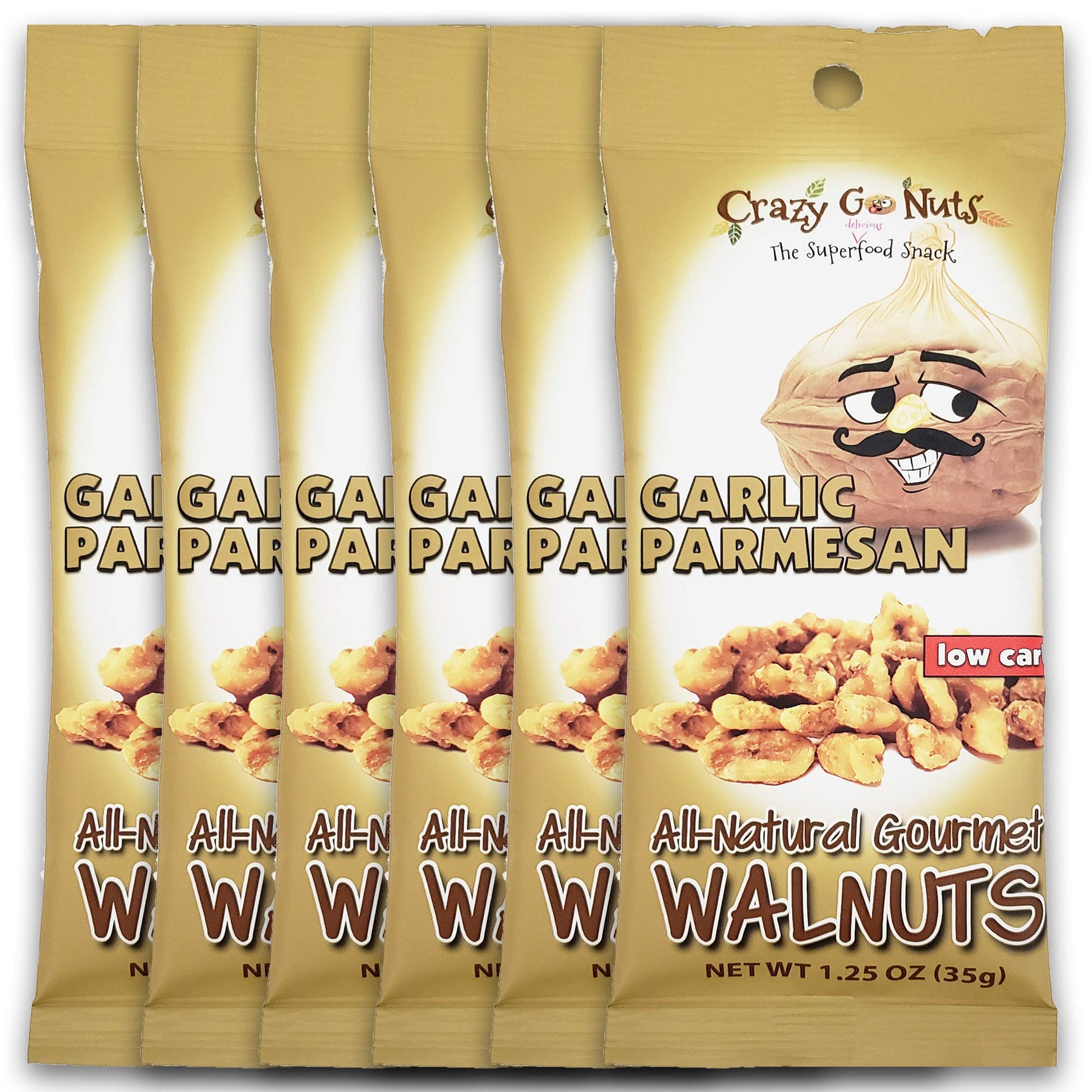 Crazy Go Nuts Walnuts - Garlic Parmesan, 1.25 oz (6-Pack) - Healthy Snacks, Keto, Low Carb, Gluten Free, Superfood - Natural, AL