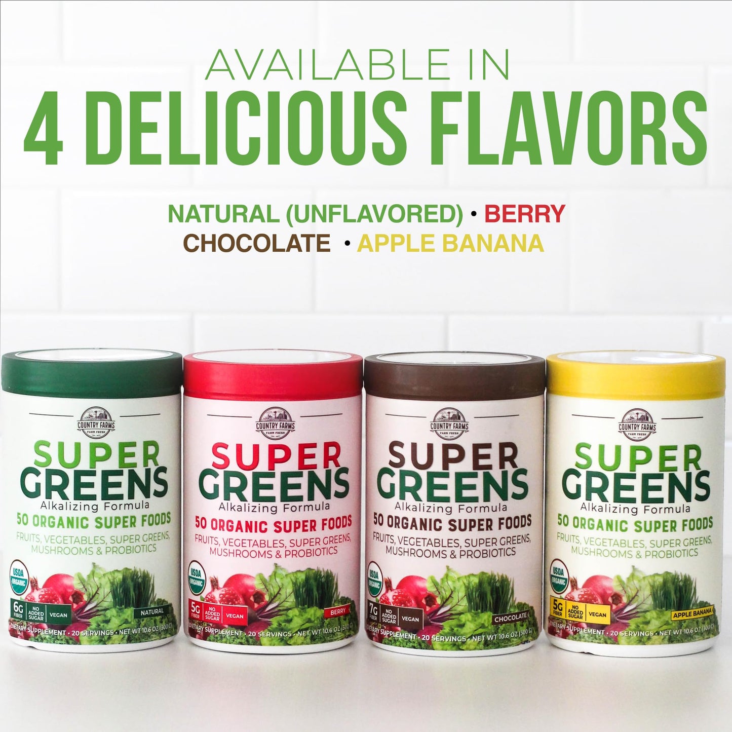 Country Farms Super Greens Drink Mix, Berry Flavor, 50 Organic Super Foods, 10.6 Ounce, USDA Organic, Red
