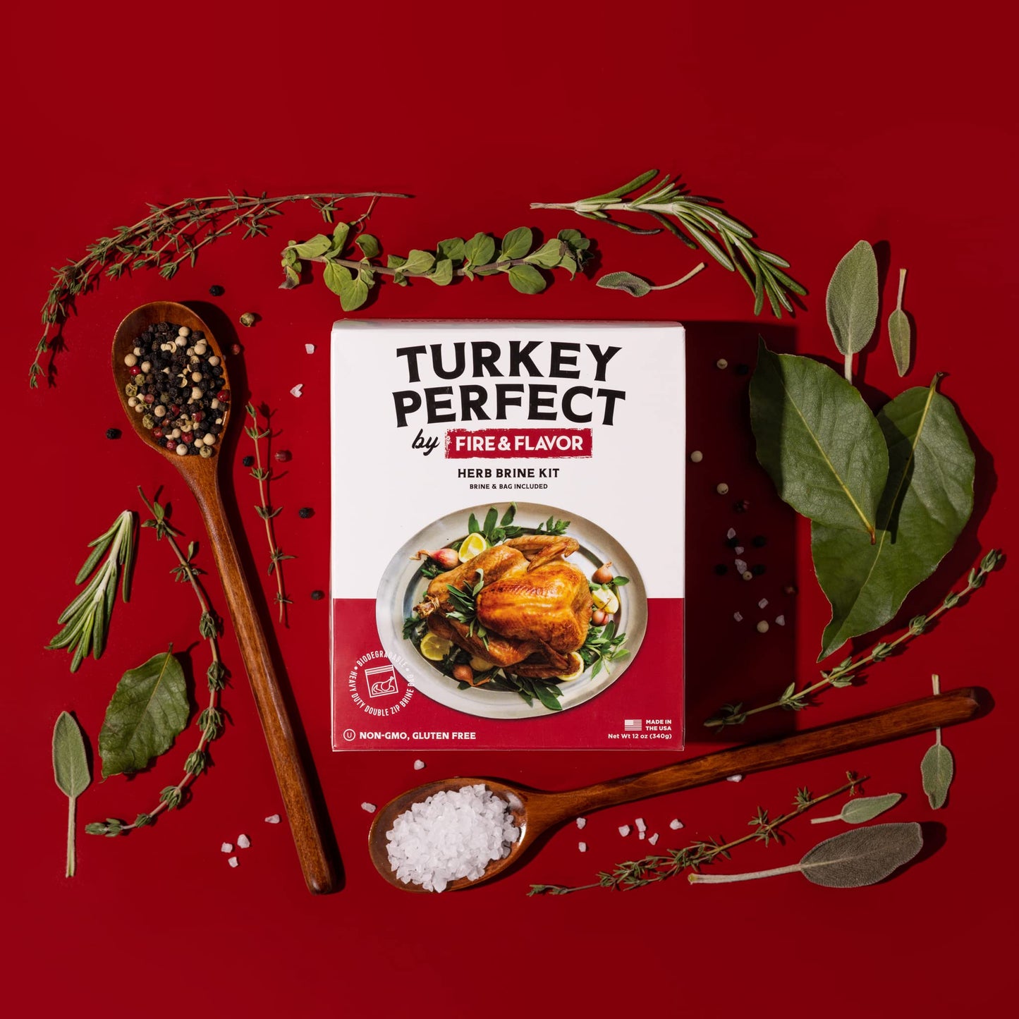 Fire & Flavor Turkey Perfect All-Natural Herb Brine Seasoning Kit Perfect for Roasting Grilling smoky aroma and Frying Including Durable Double-Zipper Gusseted Brining Bag for Birds up to 25 lbs