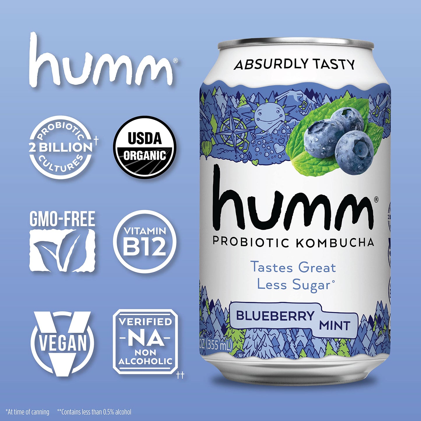 Humm Kombucha Blueberry Mint - Organic, Vegan & Gmo-Free (12 Pack)