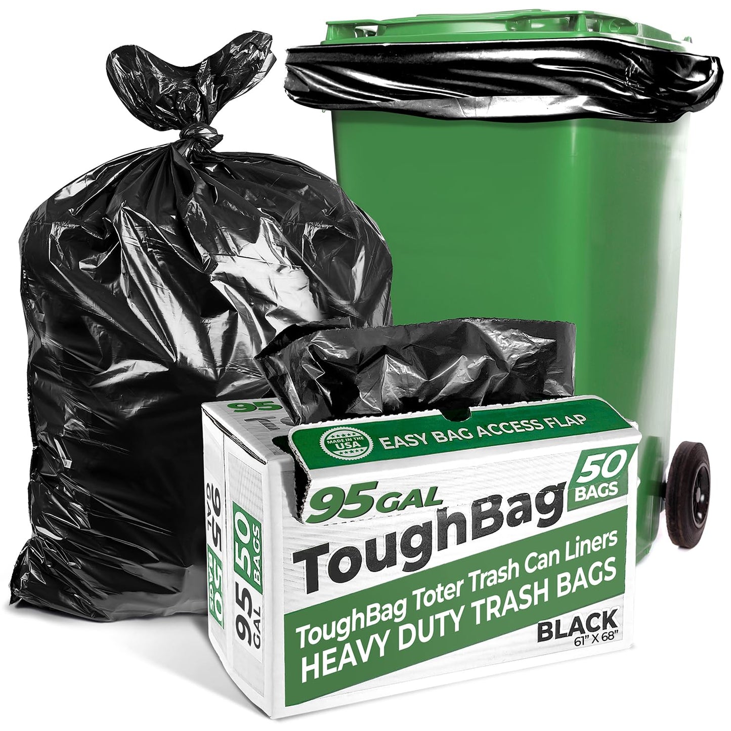 95-96 Gallon Extra-Large Trash Bags, 61X68 Black Garbage Bags, 1.2 Mil Thick (50 Count), Heavy-Duty Outdoor 95 Gallon Trash Bags