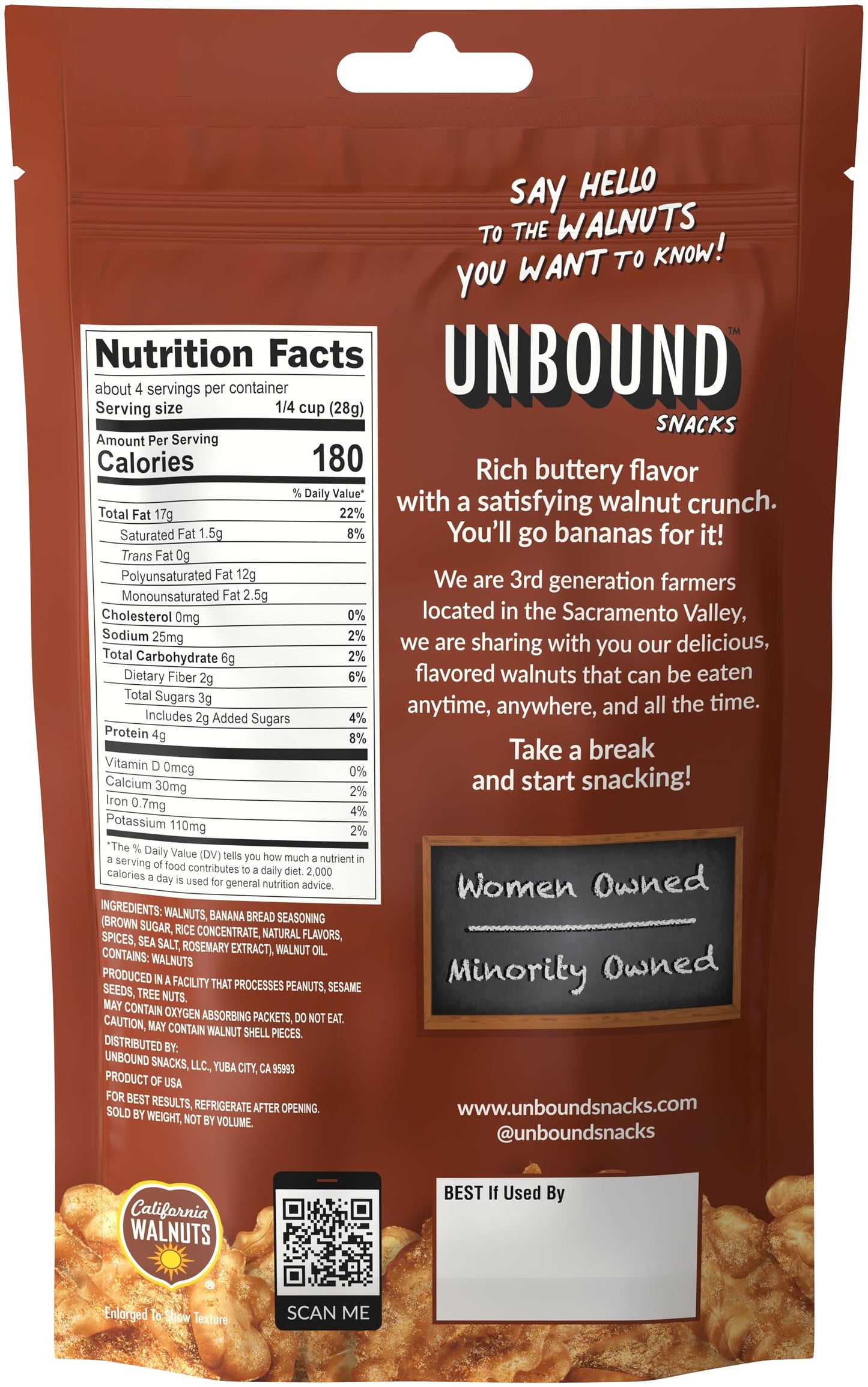 Unbound Snacks Flavored Nuts - Banana Bread Walnuts, 4 oz (Pack of 4) - Healthy Snacks, 4g Protein, 3g Sugar, High in Omega 3, G