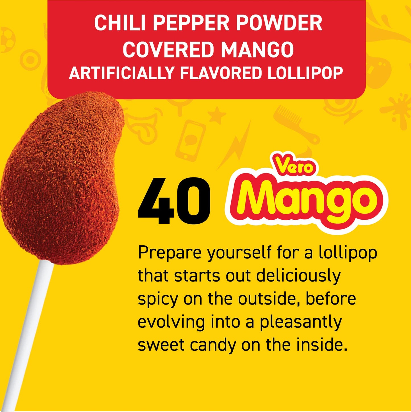 Vero Mango Lollipops Coated With Chili Powder, Hot And Sweet Candy Treat, Artificially Flavored, 7 Bags, 40 Count Each, Net Weig