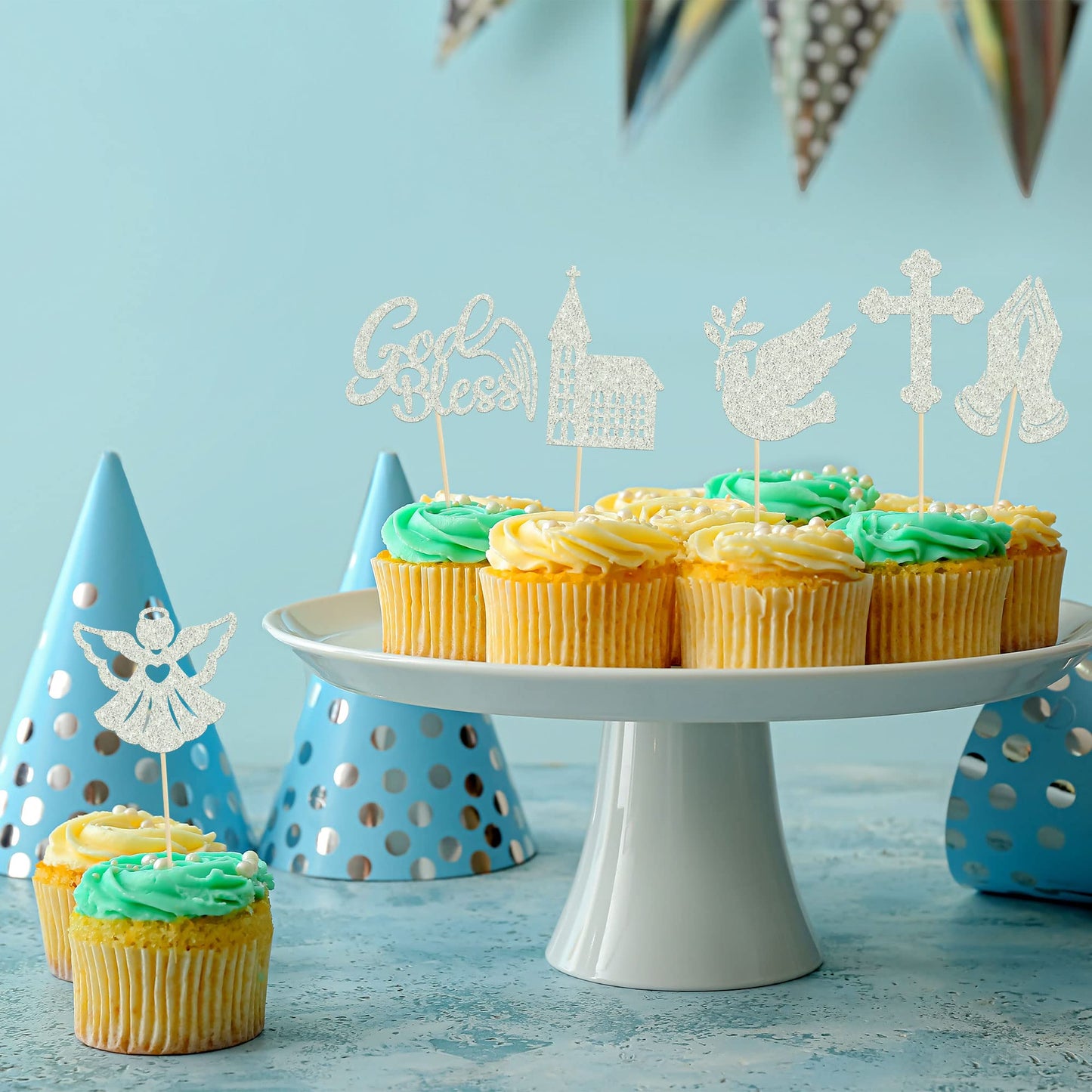 Gyufise Cupcake Toppers, God Bless Theme, Dove Cross Angel, 24 Pack, Silver, Model UKZN0258-SL, Paper Decorations for Parties