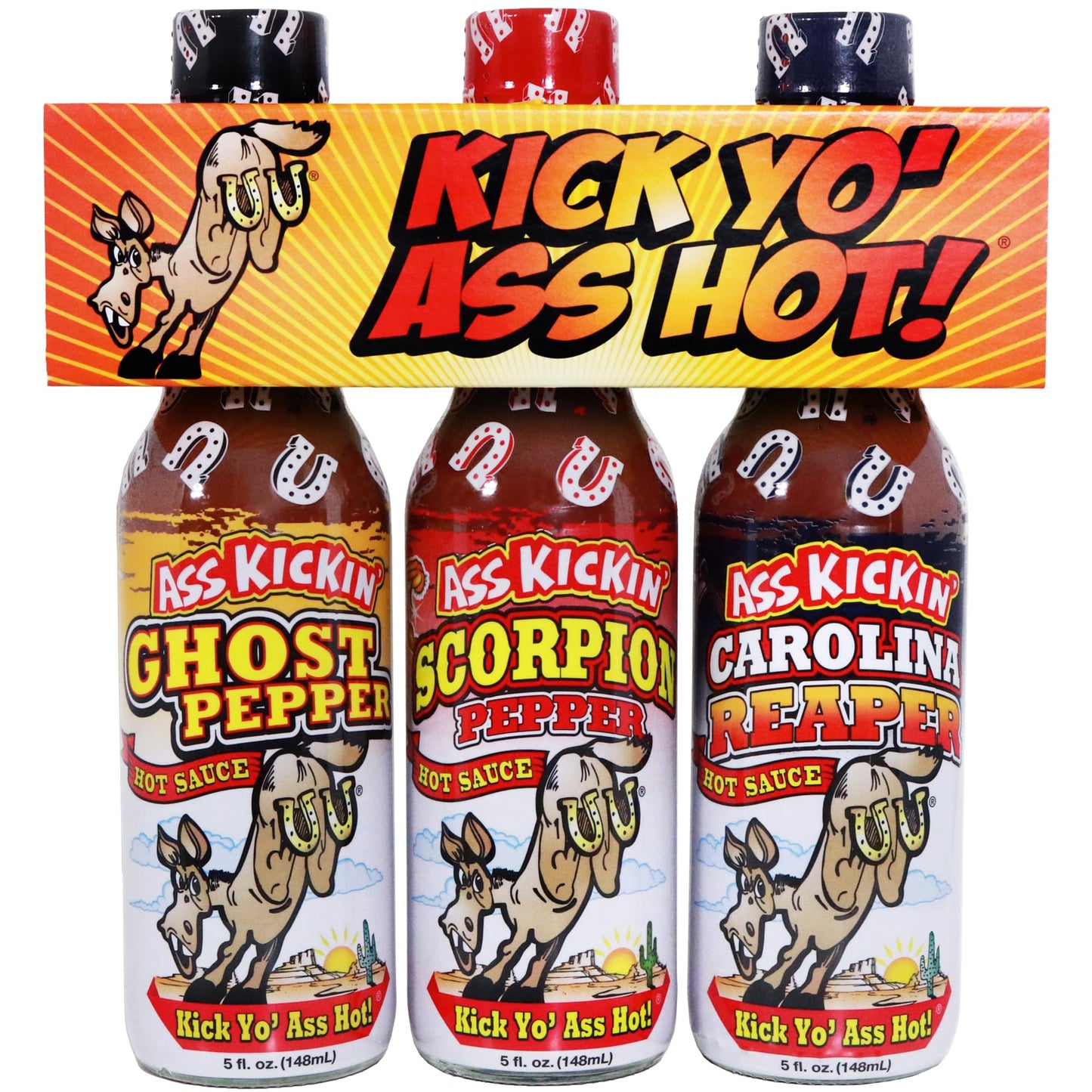 ASS KICKIN Hot Sauce Gift Set - Ghost Pepper, Scorpion, Carolina Reaper - 5 Fl Oz (Pack of 3) - Perfect for Hot Sauce Lovers