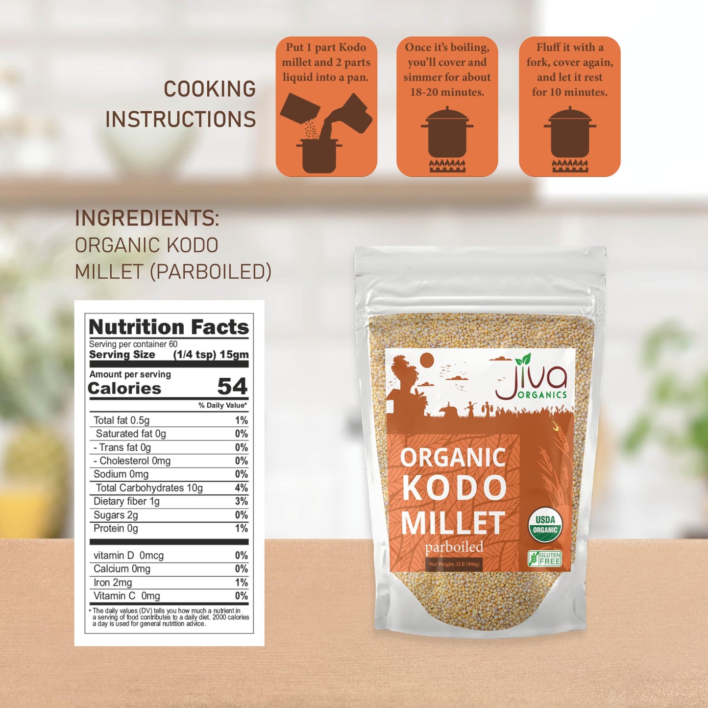 Jiva Organics Kodo Millet 2 Lb Bag | Whole Grain, Gluten-Free & Organic | High Fiber, Protein-Rich Superfood For Healthy Indian