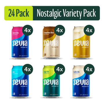 Zevia Zero Sugar, 6-Flavor Nostalgic Soda Variety Pack, 12 Fl Oz Cans (Pack of 24)