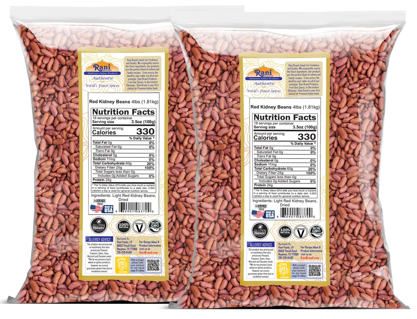 Rani Red Kidney Beans, Light 64Oz (4Lbs) 1.81Kg ~ Pack Of 2~128Oz (8Lbs) 3.63Kg Total ~ All Natural | Vegan | Gluten Friendly | Non-Gmo | Kosher | Raj Mah