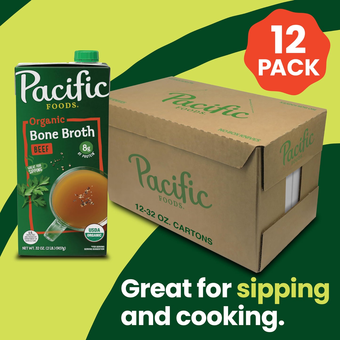 Pacific Foods Organic Beef Bone Broth, 32 Oz, Pack Of 12
