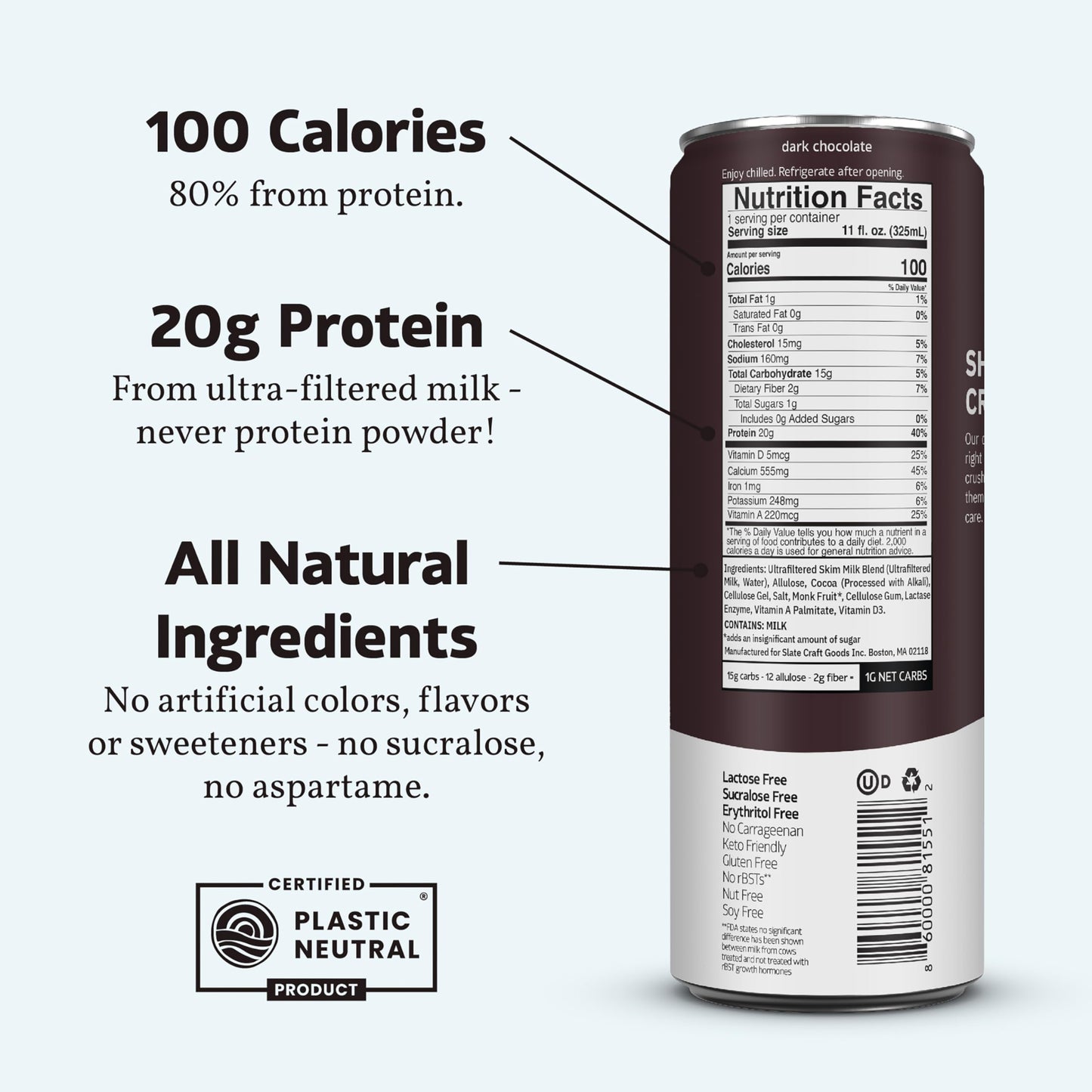Slate High Protein Shake - Dark Chocolate, 20g Protein, 0g Added Sugar, Lactose Free, Keto, 11 Fl Oz (Pack of 12)