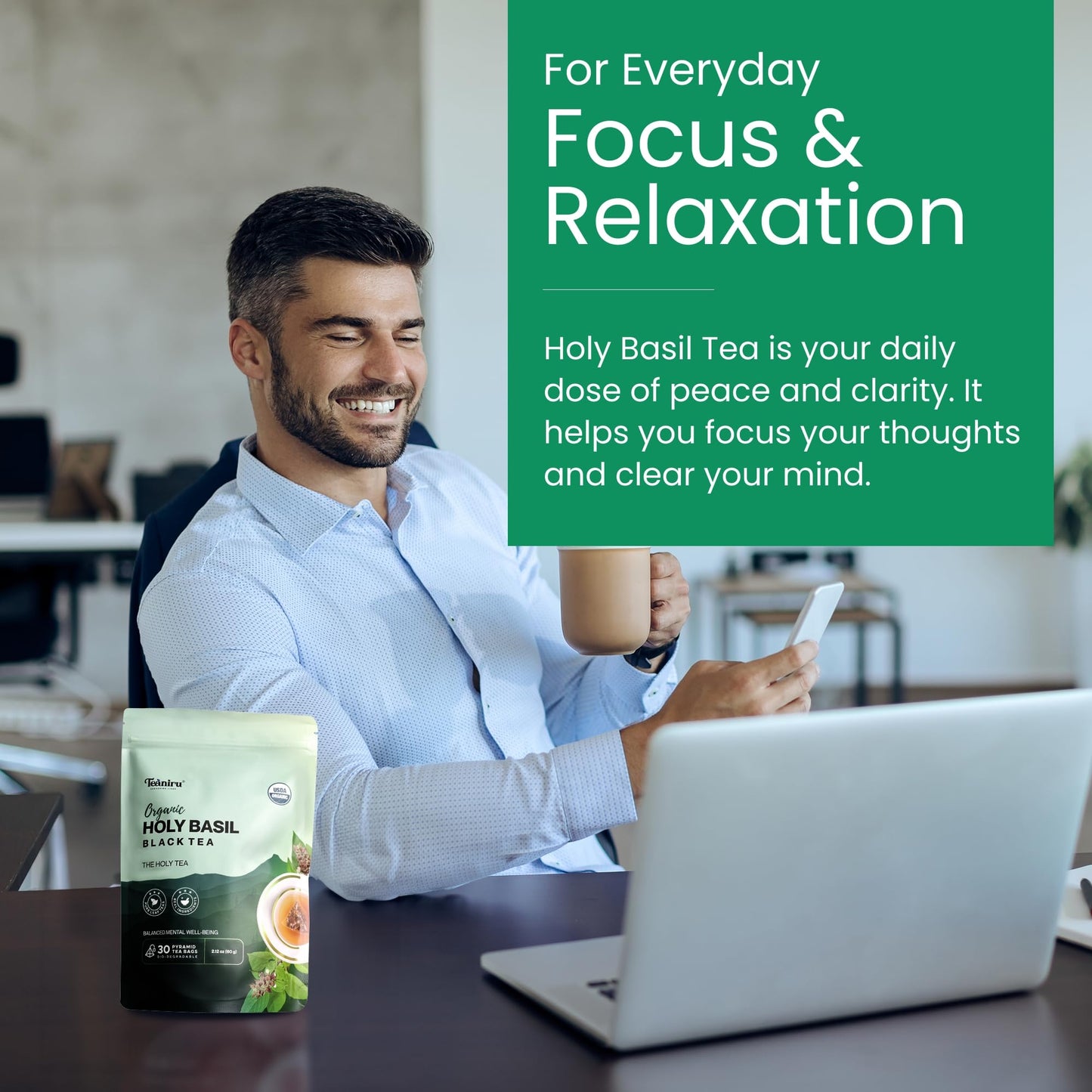 Teaniru, Holy Basil Black Tea - 30 Count | For Overall Mental Well-Being | Rich In Vitamin C, K, A & Adaptogenic Properties | Yo