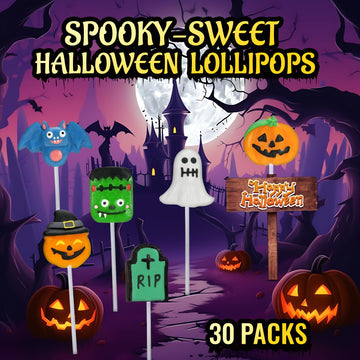Auebriy Halloween Lollipop Suckers - 30 Pack Fruity Candy - Individually Wrapped - Colorful - Perfect for Trick or Treat and Party Favors