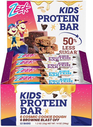 ZEEK BAR - Kids Protein Bars - 50% Less Sugar, 8g Protein - All Natural, Non-GMO, Gluten Free - Variety, 12 Count